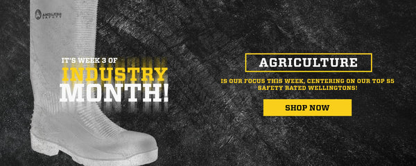 Promotional graphic for Agriculture Week 3 of Industry Month, featuring a rubber farm boot on a dark textured background with yellow and white text and a yellow 'SHOP NOW' button.