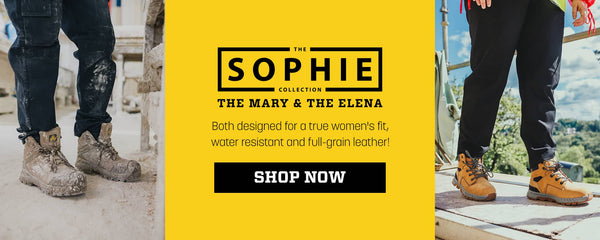 Advertisement for 'The Mary & The Elena' shoes from the Sophie Collection with a yellow background and text. Click to shop now.