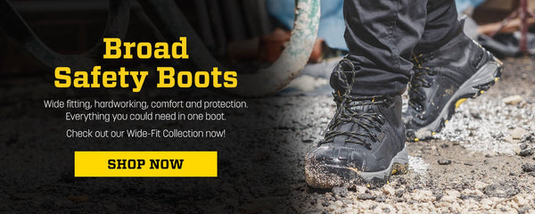 Promotional banner for wide fit safety boots with text and an image of black safety boots on gravel. Click to visit collection.