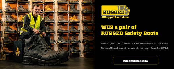 Person posing next to a large rugged boot display with promotional text about winning rugged safety boots on the right. 

Contest to WIN a pair of RUGGED Safety Boots. Find our giant boot on tour in retailers and at events around the UK. Take a selfie and tag us in for your chance to win throughout 2026.

#RuggedRoadshow